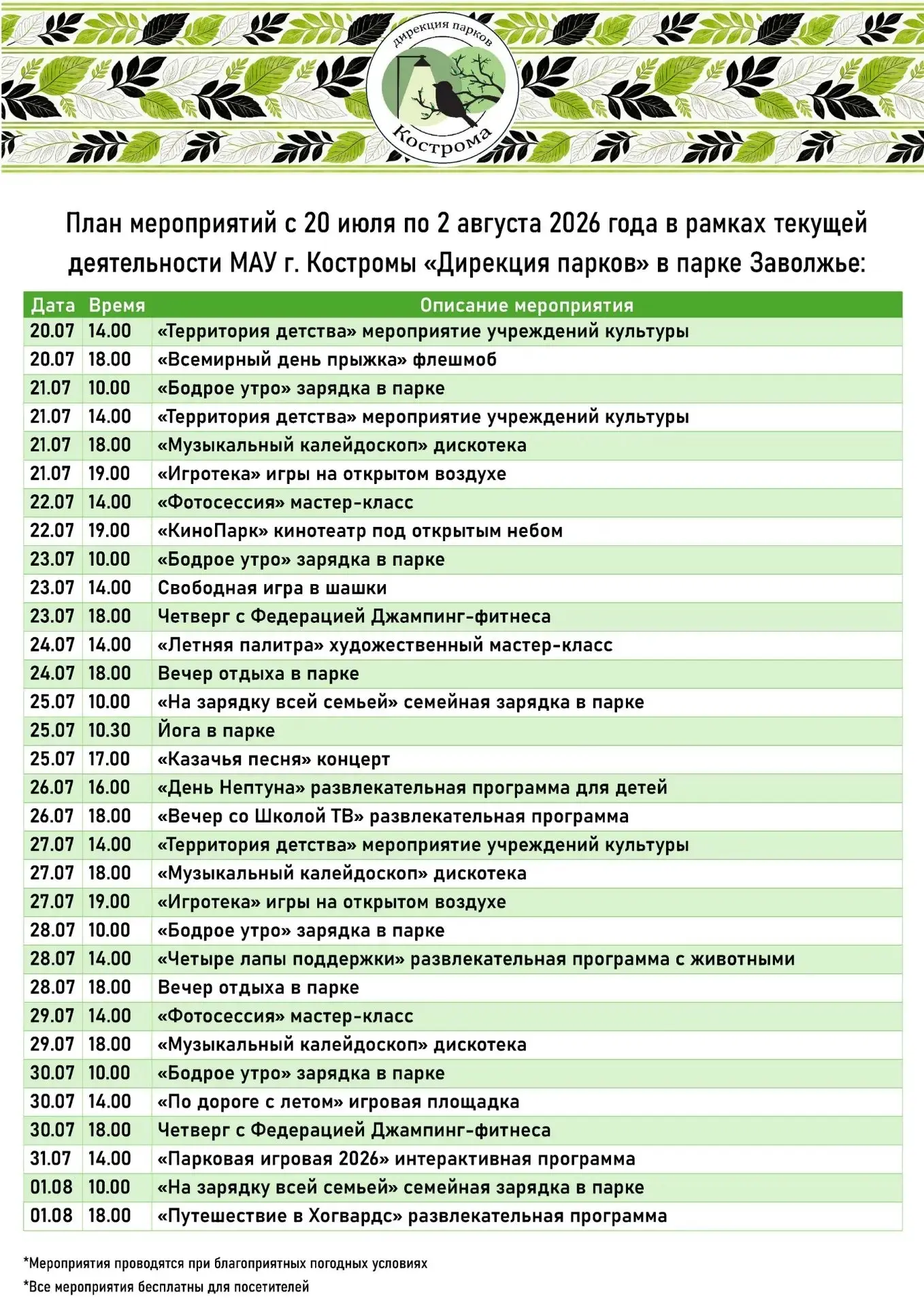 Информация о предстоящих мероприятиях на парковых площадках города!