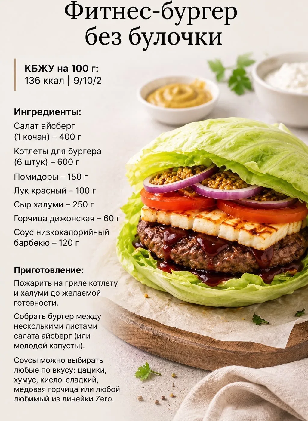 Фитнес-бургер без булочки 🍔

Ингредиенты:
 Салат айсберг (1 кочан) — 400 г 🥬
 Котлеты для бургера 