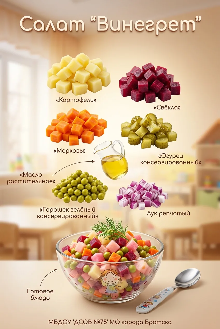 🥗 Винегрет в нашем меню — вкусно и полезно! 🍠

Винегрет в детском саду на обед — это не только вку