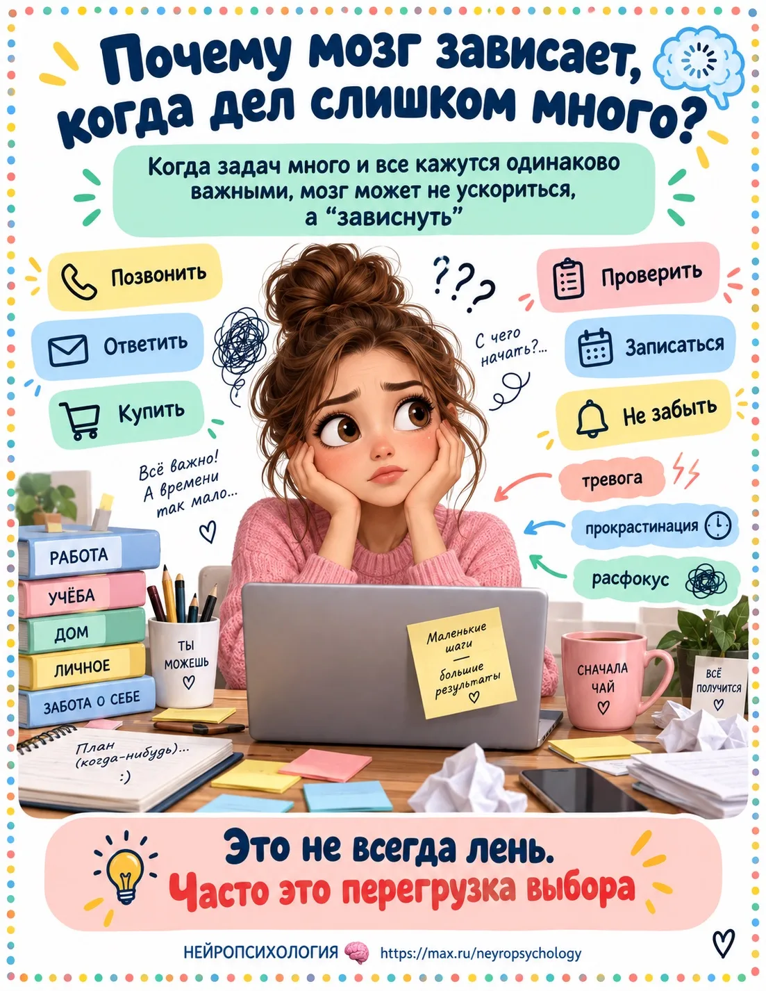 🧠 Когда дел слишком много, мозг может не ускориться, а наоборот — «зависнуть».