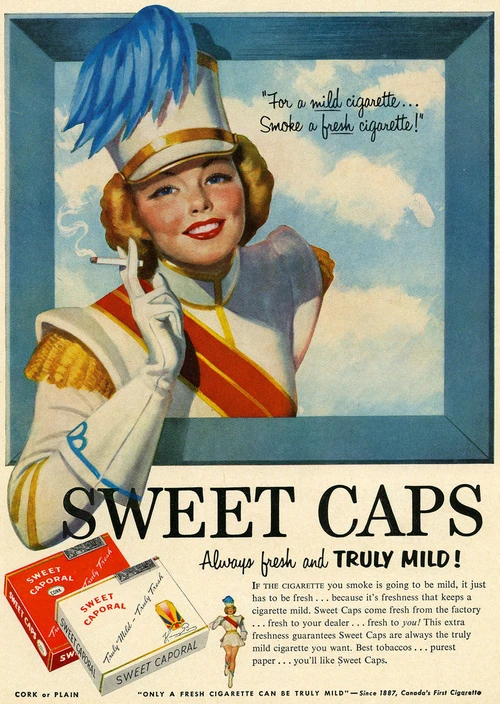 📷Цветная реклама Sweet Caps, 1920–30-е (Для мягкой сигареты… курите свежую!)