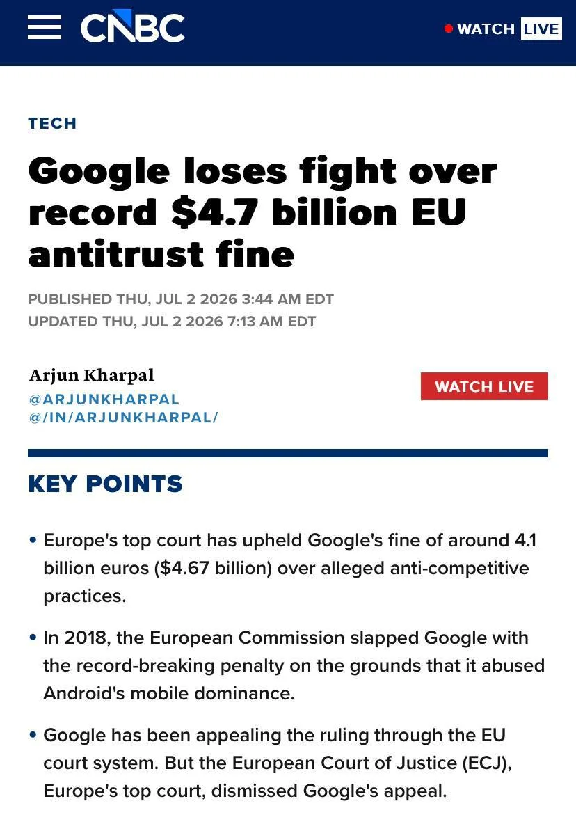 🤓Google окончательно проиграла крупнейшее антимонопольное дело в Евросоюзе.