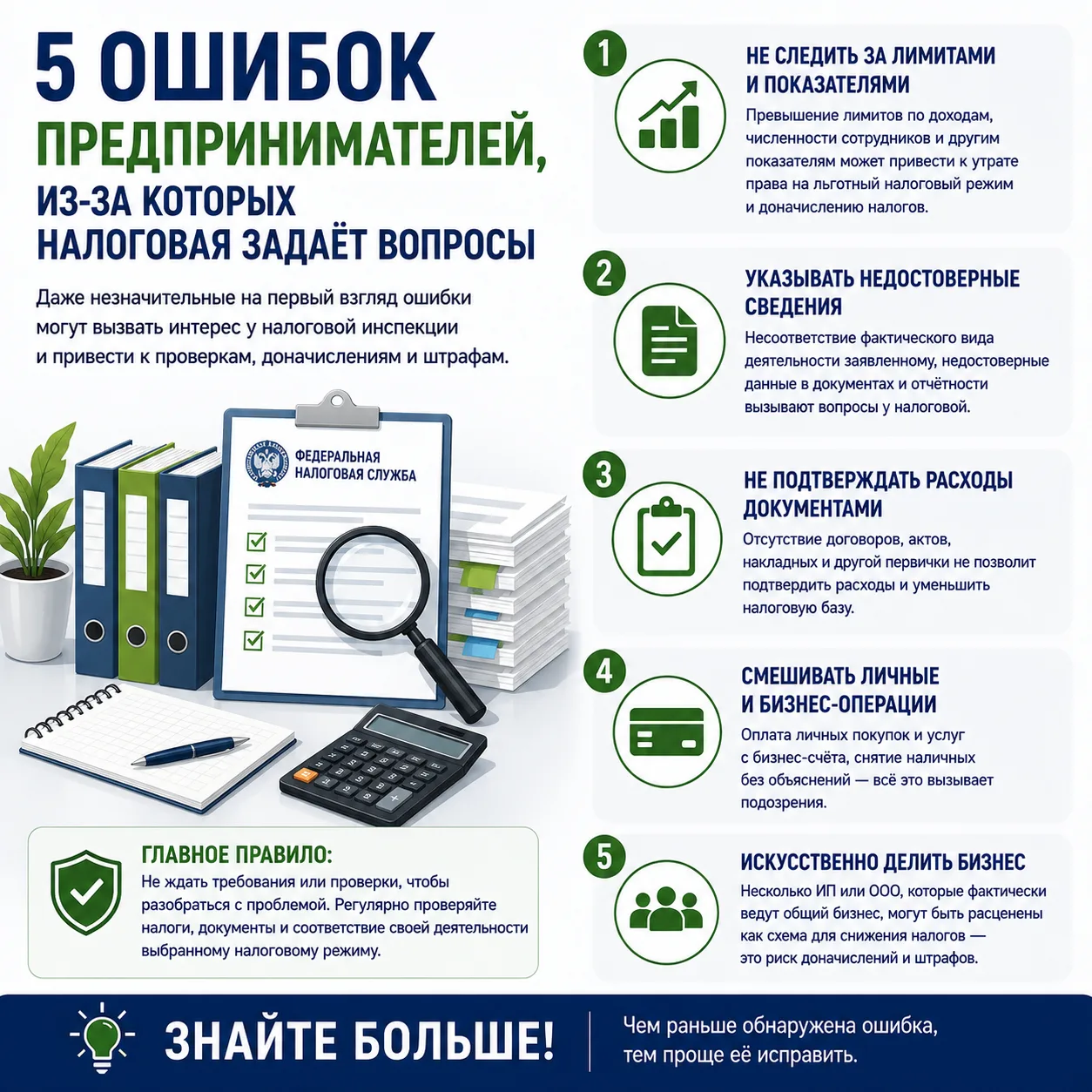 ⚠️ 5 ошибок предпринимателей, из-за которых налоговая задаёт вопросы