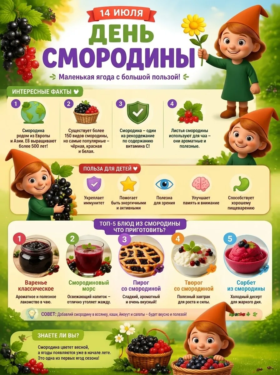 ✨ Сегодня, 14 июля, отмечается чудесный неофициальный праздник — День смородины! 🎉

Именно в этот п
