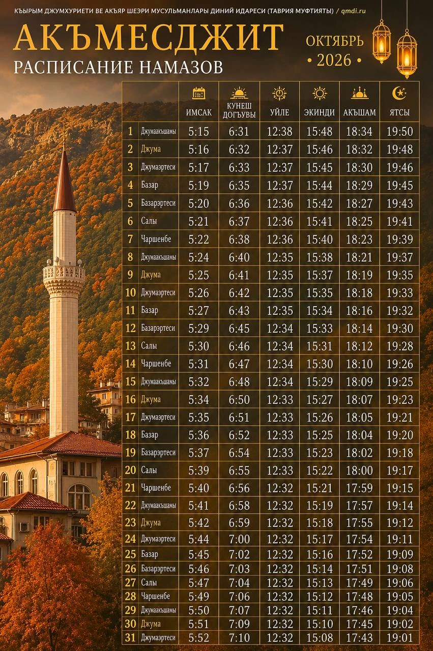 🕌 Расписание намазов на октябрь 2026 для Акъмесджита