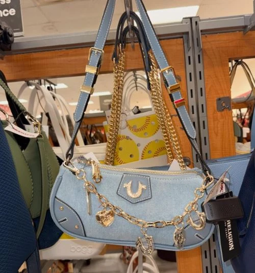 True Religion Women's Horseshoe Chain Shoulder Bag - Charm Detail Zip Top Purse with Ad...