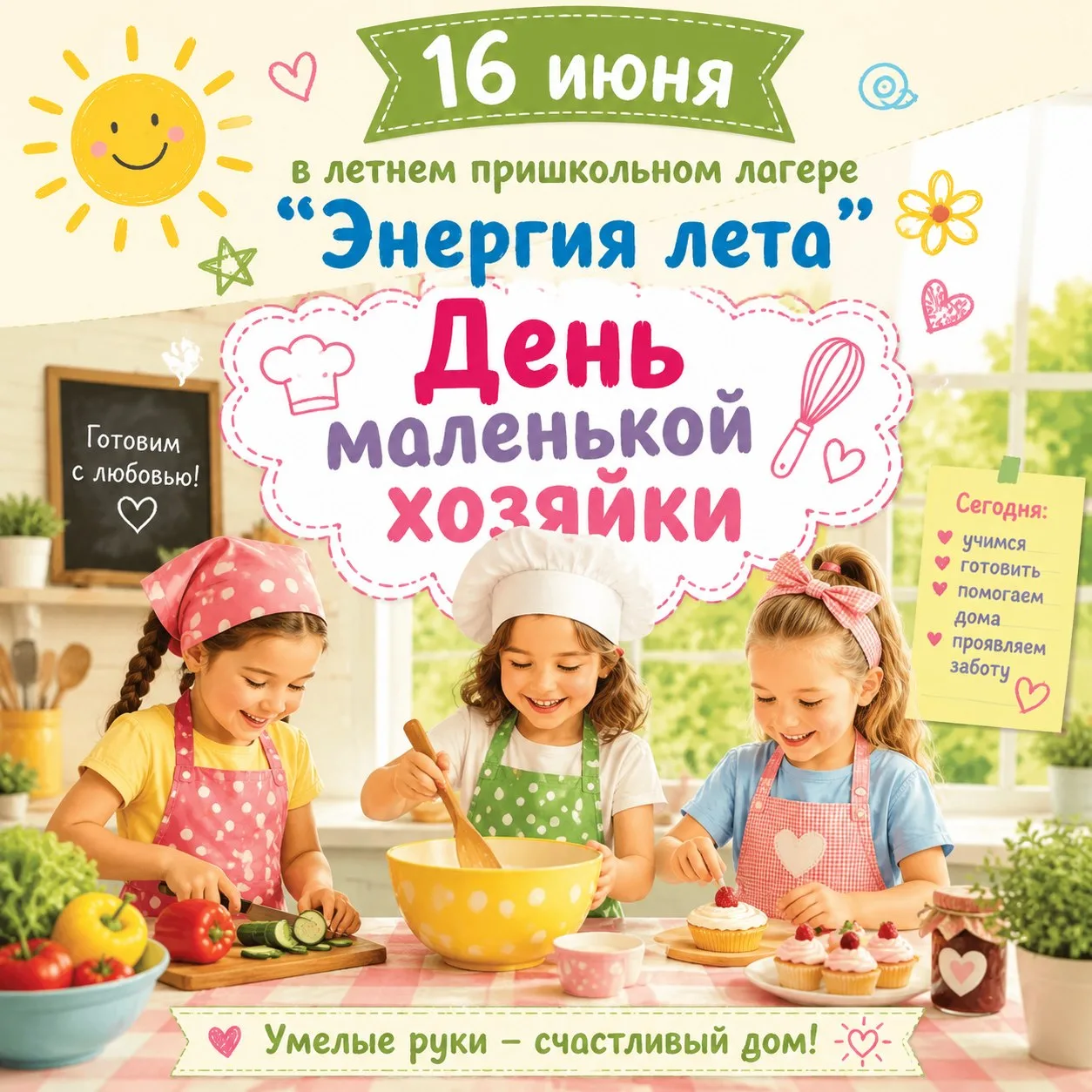 ✨ Сегодня, 16 июня,  в нашем пришкольном лагере "Энергия лета" — День маленькой хозяйки! ✨
👭Девчонк
