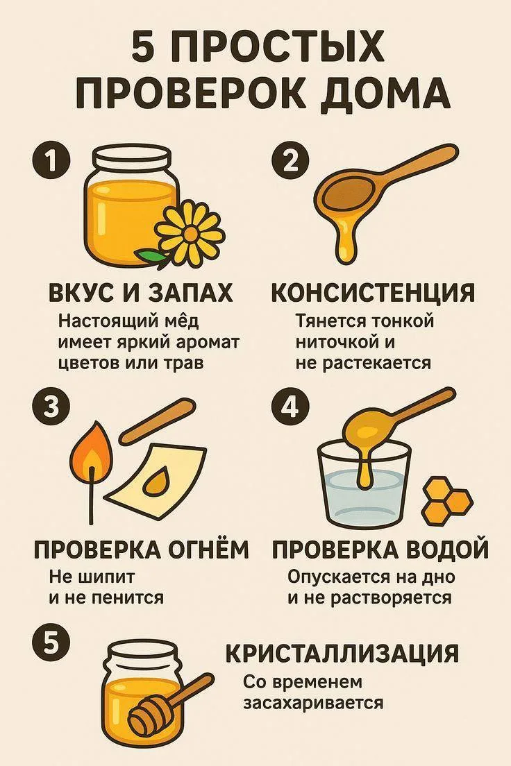 🍯 Памятка о том, как проверить качество мёда в домашних условиях.