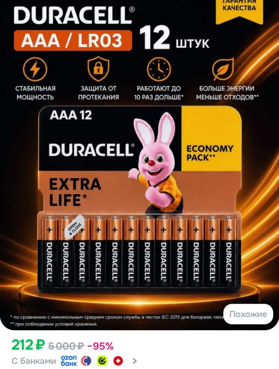Duracell Батарейка AAA, L (щелочной) тип, 1500 мА•ч, 12 шт
