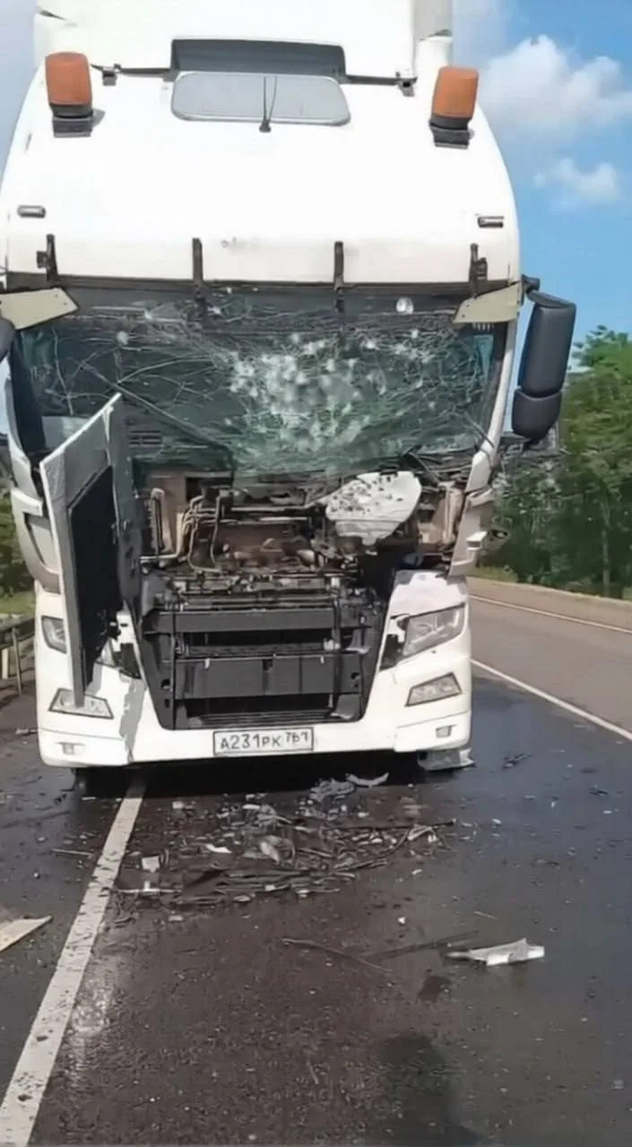 ❗️❗️Последствия атаки дрона на грузовик на трассе в районе Володарского, в результате к...