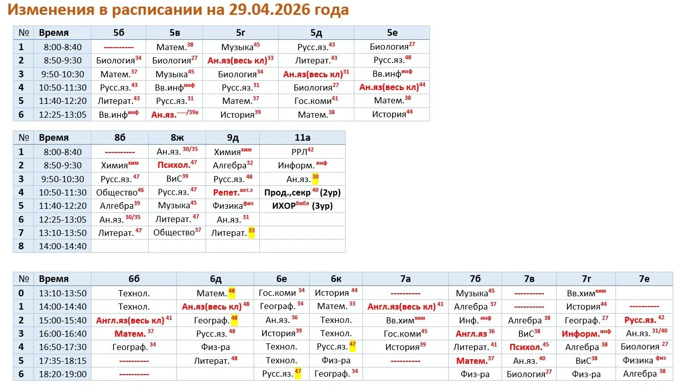 изменения в расписании на 29.04