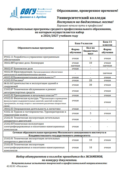 Уважаемые абитуриенты! Университетский колледж ВВГУ в г. Артёме приглашает вас продолжи...