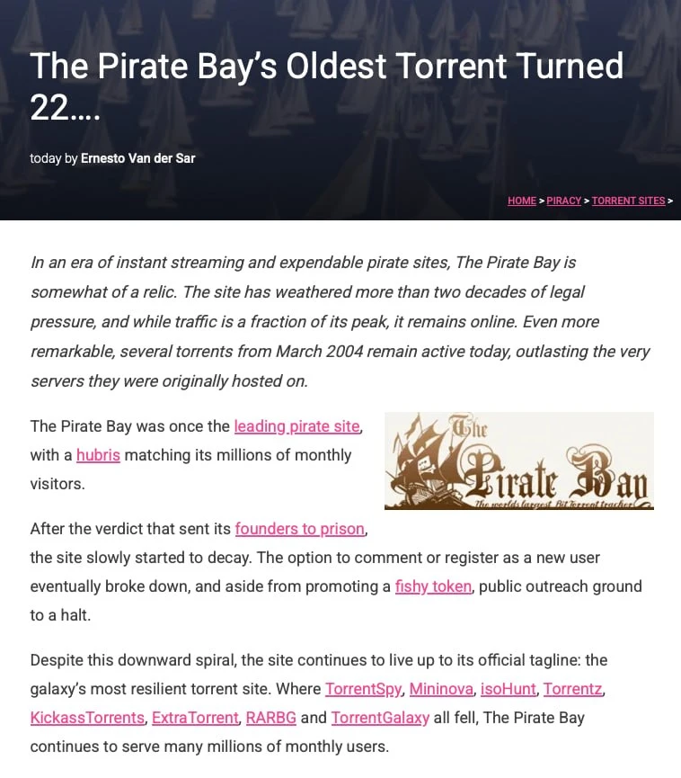 Самому старому BitTorrent-трекеру The Pirate Bay исполнилось 22 года.