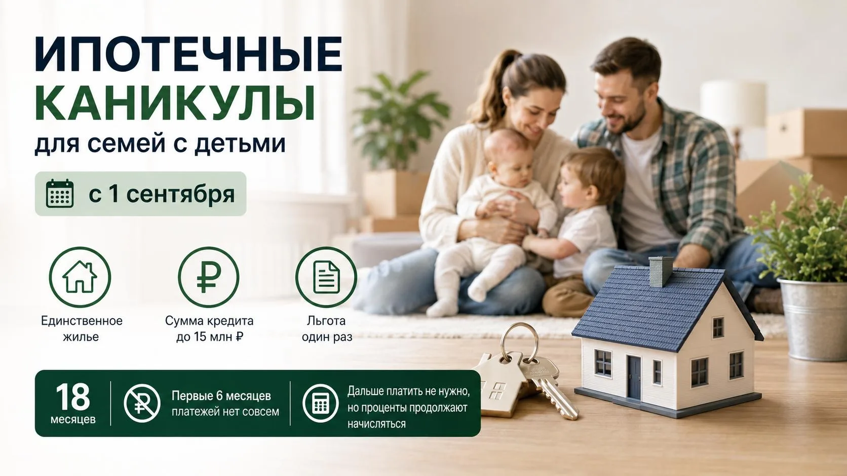 👨‍👩‍👦 Семьи с детьми получили право на ипотечные каникулы с 1 сентября