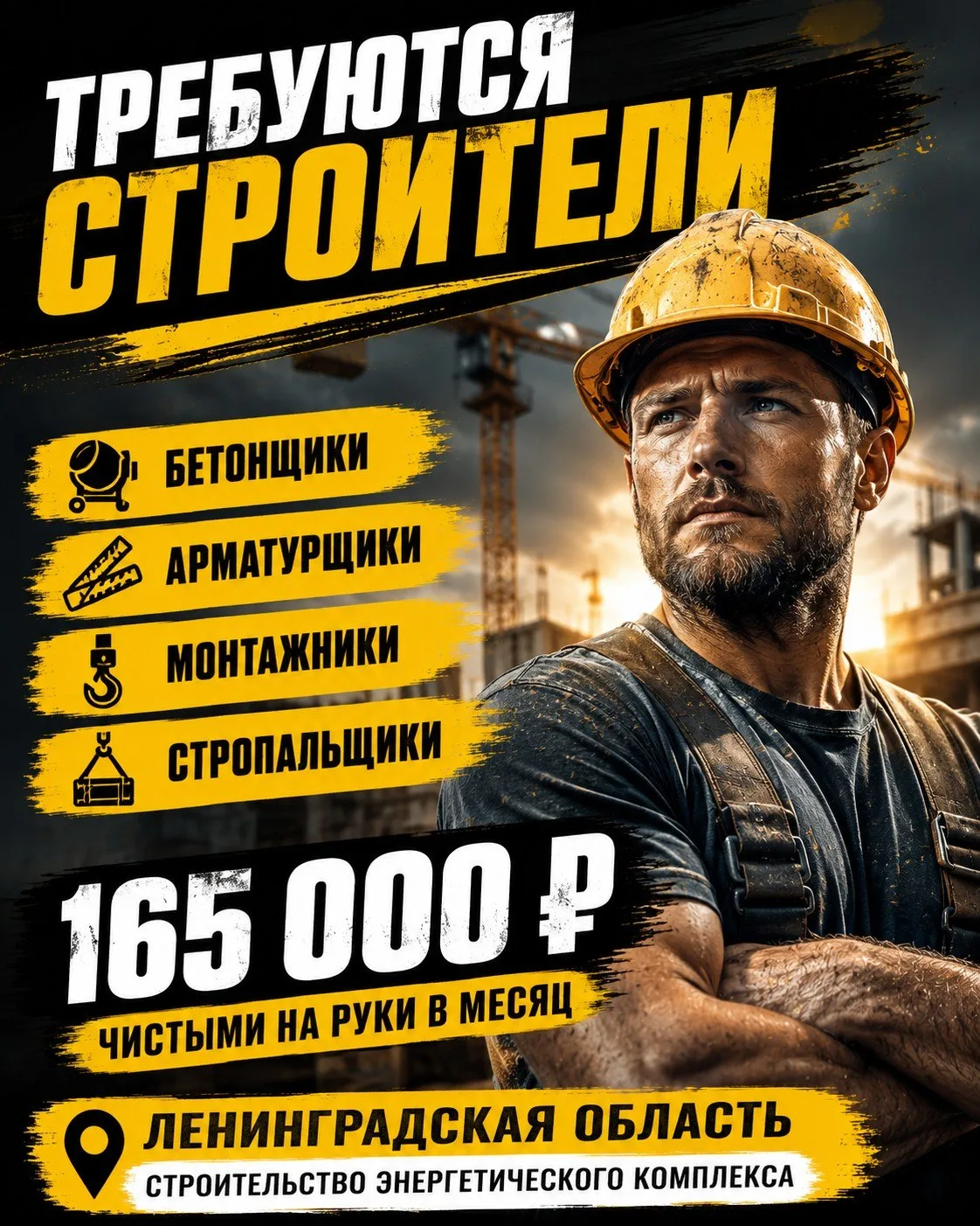 В ЛЕНИНГРАДСКУЮ ОБЛАСТЬ ТРЕБУЮТСЯ СТРОИТЕЛИ