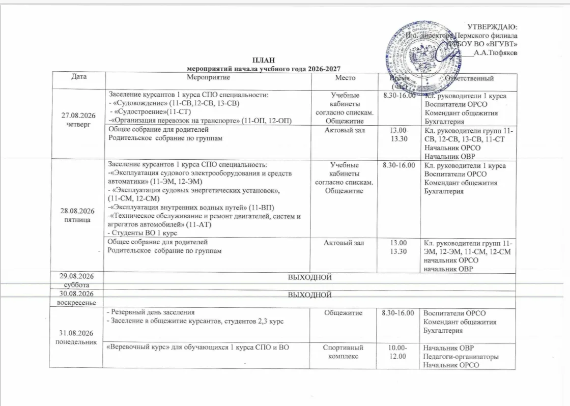 План мероприятий на начало учебного года в Пермском филиале ВГУВТ