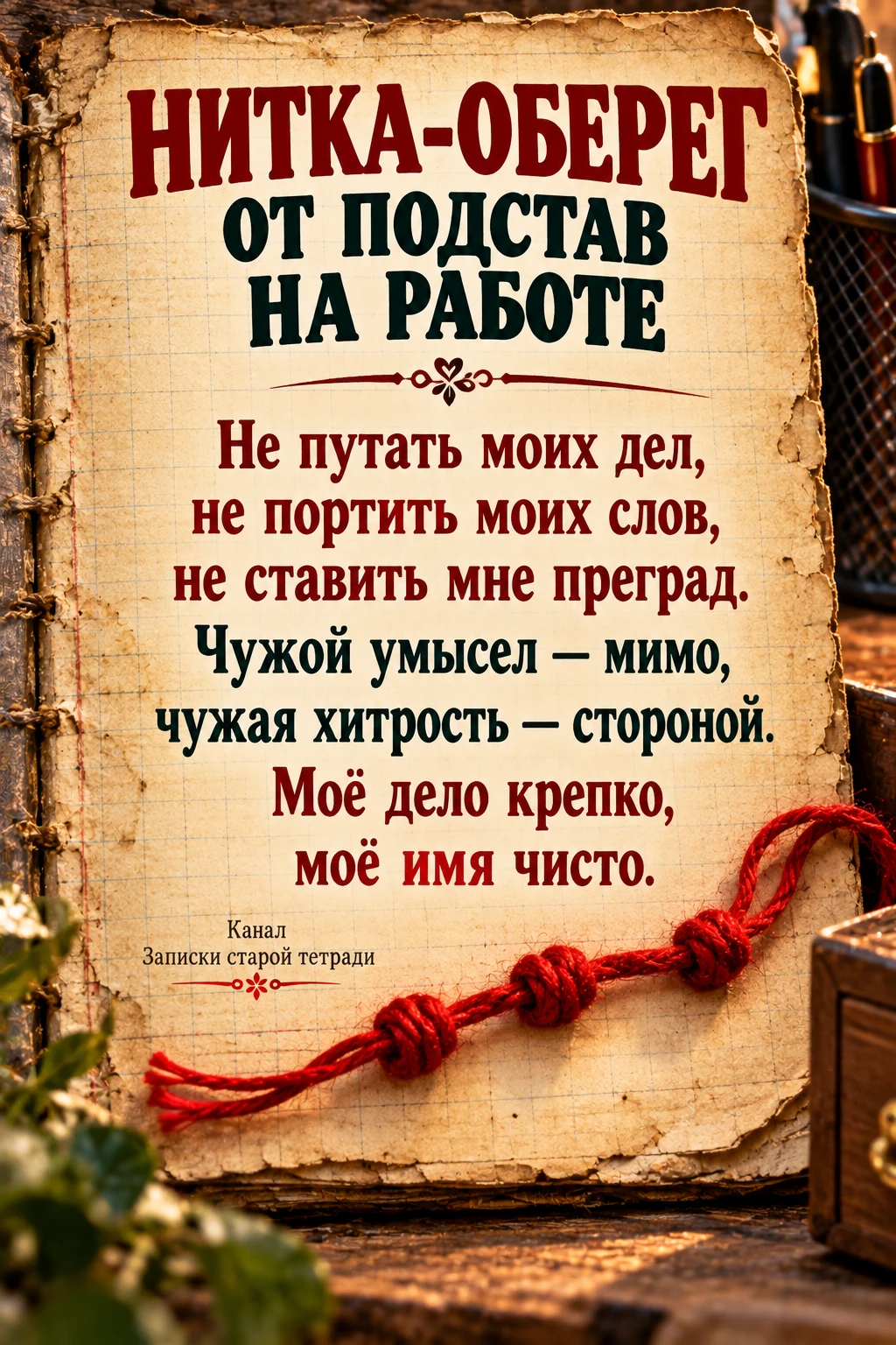 🧵 Дома возьмите небольшую красную нитку и завяжите на ней три узелка, произнося слова ...