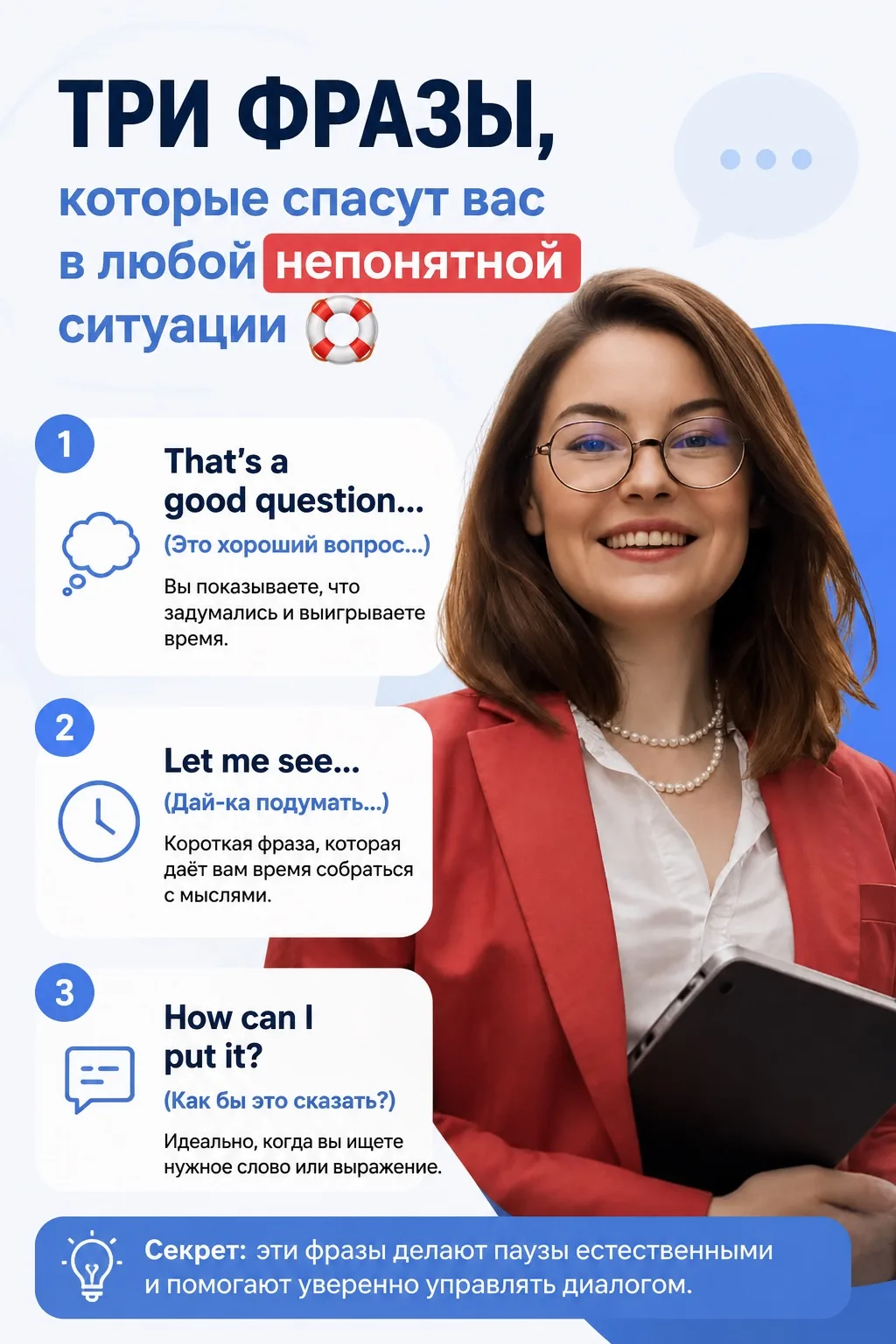 Три фразы, которые спасут вас в любой непонятной ситуации

🛟 Бывает: вы стоите, открываете рот, а с