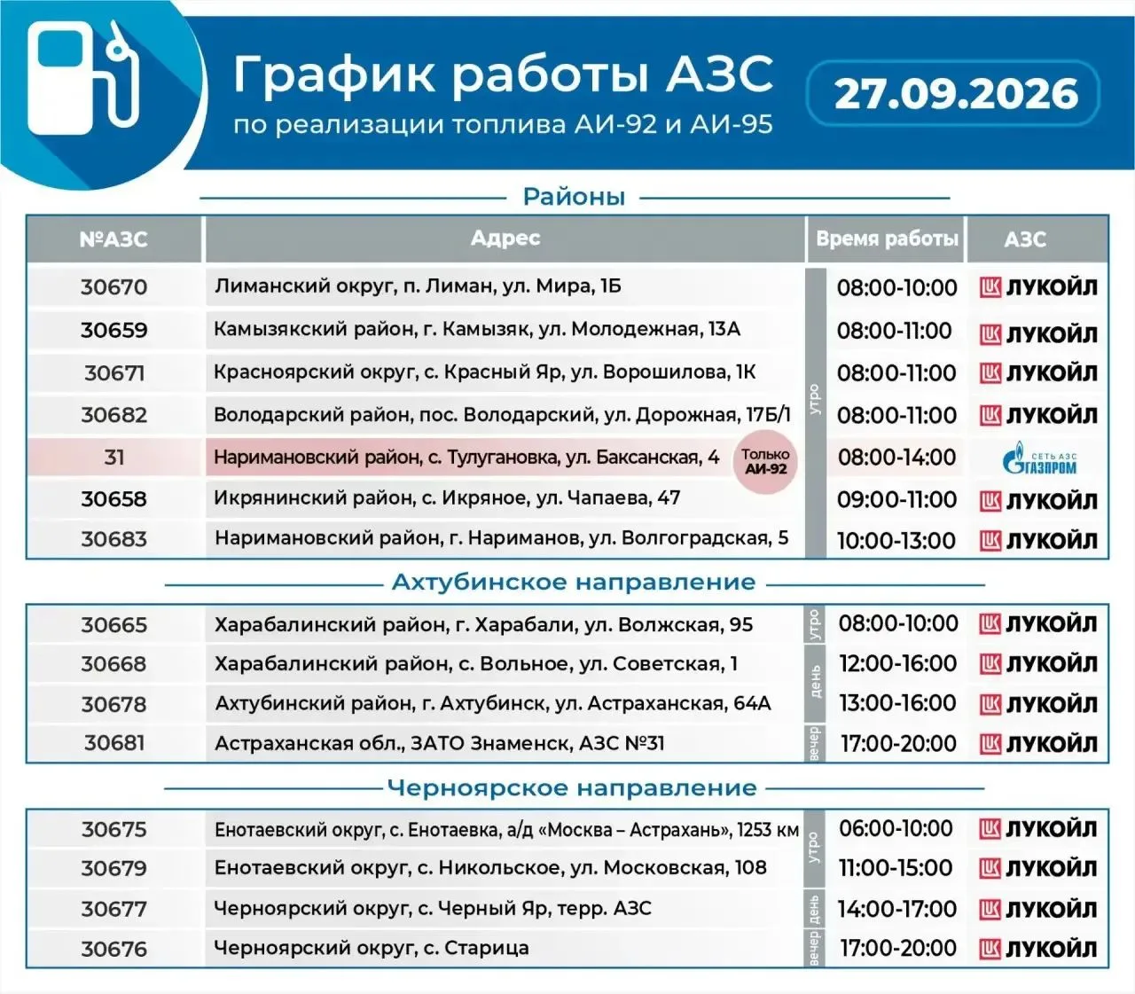 ⛽ График работы АЗС на 27 сентября