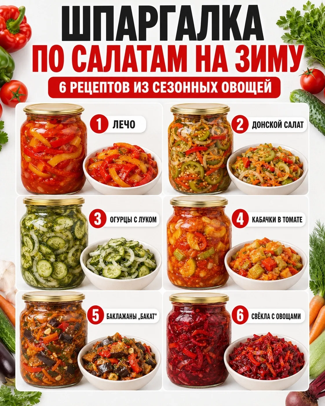 🥫 ШПАРГАЛКА ПО САЛАТАМ НА ЗИМУ