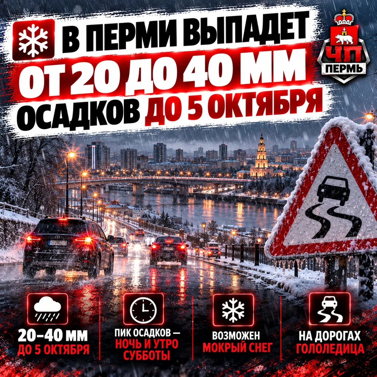 ❄️В Перми выпадет от 20 до 40 миллиметров осадков до 5 октября. Максимальная вероятност...