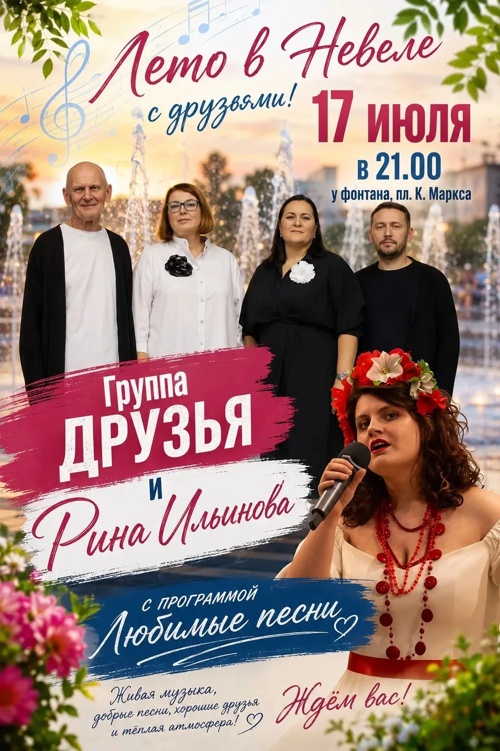 Друзья! Осталось  около пяти часов до начала  концерта у фонтана.
Споем любимые песни вместе!