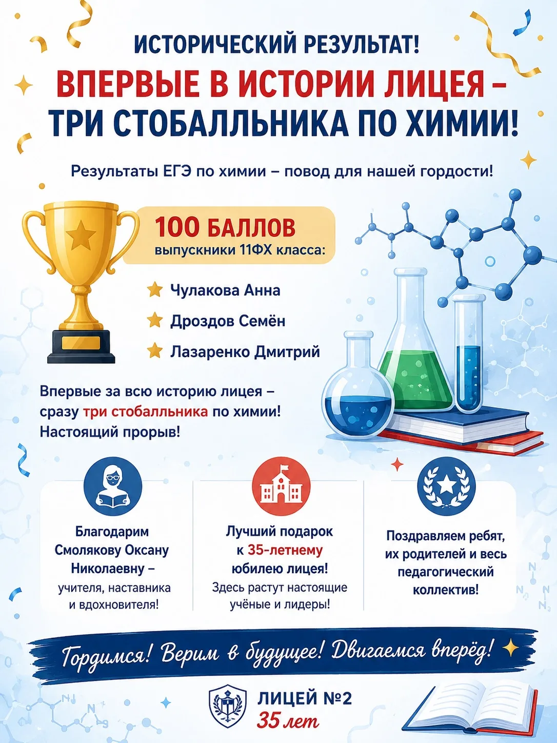 🎉🧪 Исторический результат: впервые в истории лицея — сразу три стобалльника по химии!