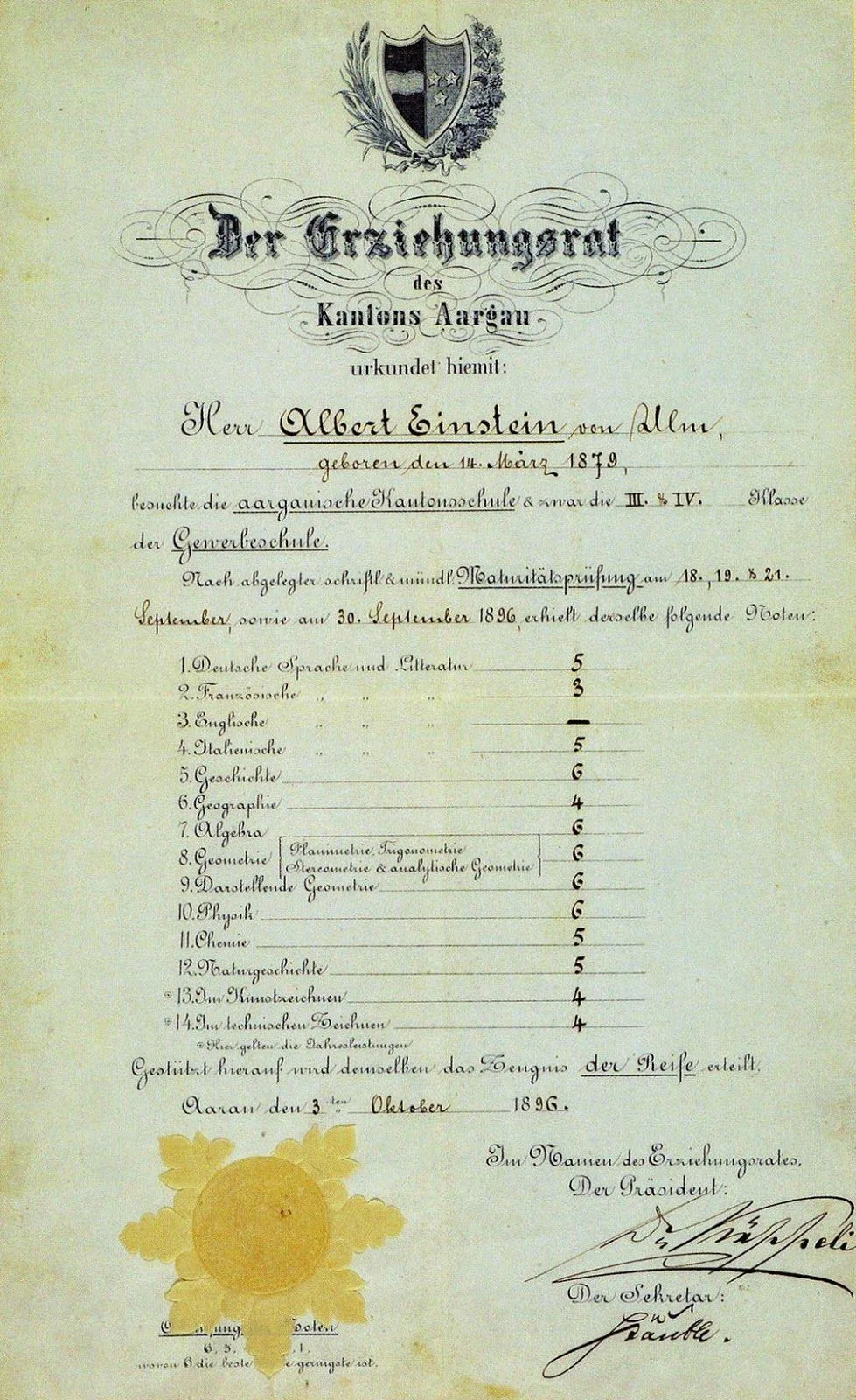 Свидетельство о зачислении в школу Альберта Эйнштейна, 1896 год