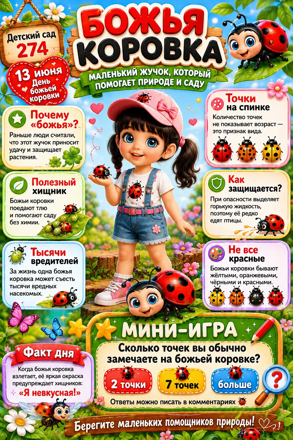 13 июня🐞 — День божьей коровки!

Этот маленький яркий жучок знаком каждому с детства. А знаете ли в