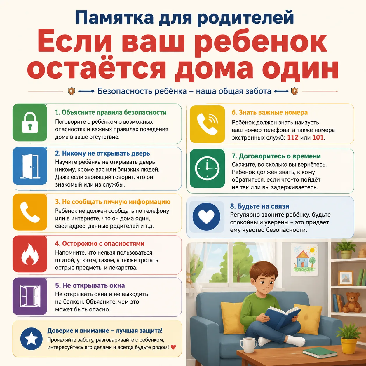 Дорогие родители! 🌞

Сегодня мы хотим напомнить важные правила, если ваш ребенок остается дома один