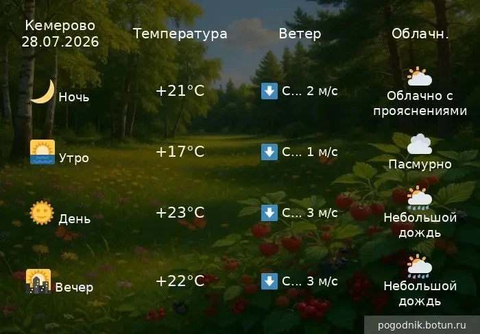 Доброе утро. 
Сегодня ожидается +24°..+26°, пасмурно, небольшой ливневый дождь. Ночью +16°..+18°. Ве