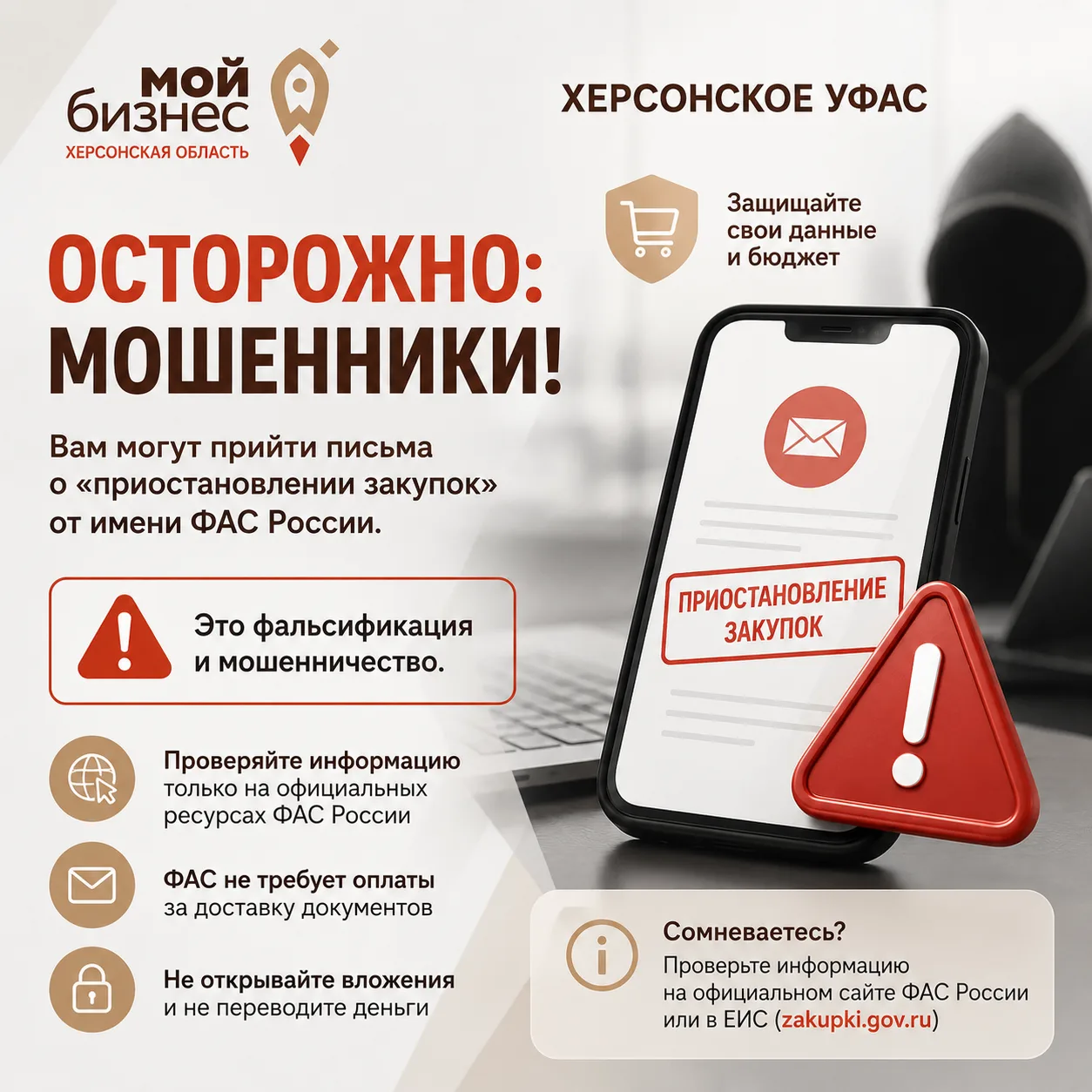 Центр «Мой бизнес» Херсонской области информирует: участились случаи мошенничества от и...