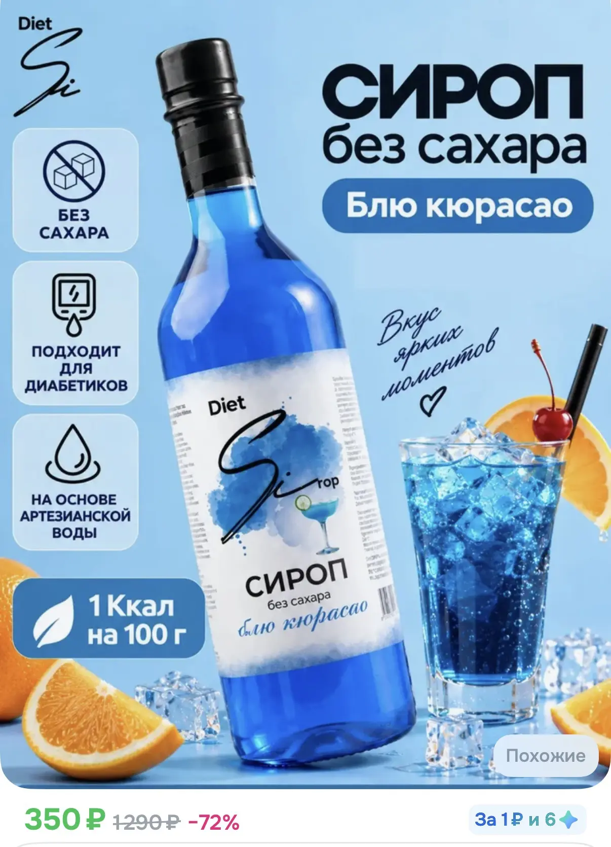 Низкокалорийный сироп без сахара Блю Кюрасао 1000 мл для кофе, чая, коктелей, десертов