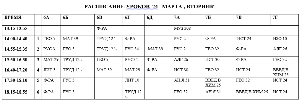 Расписание уроков на вторник 24.03