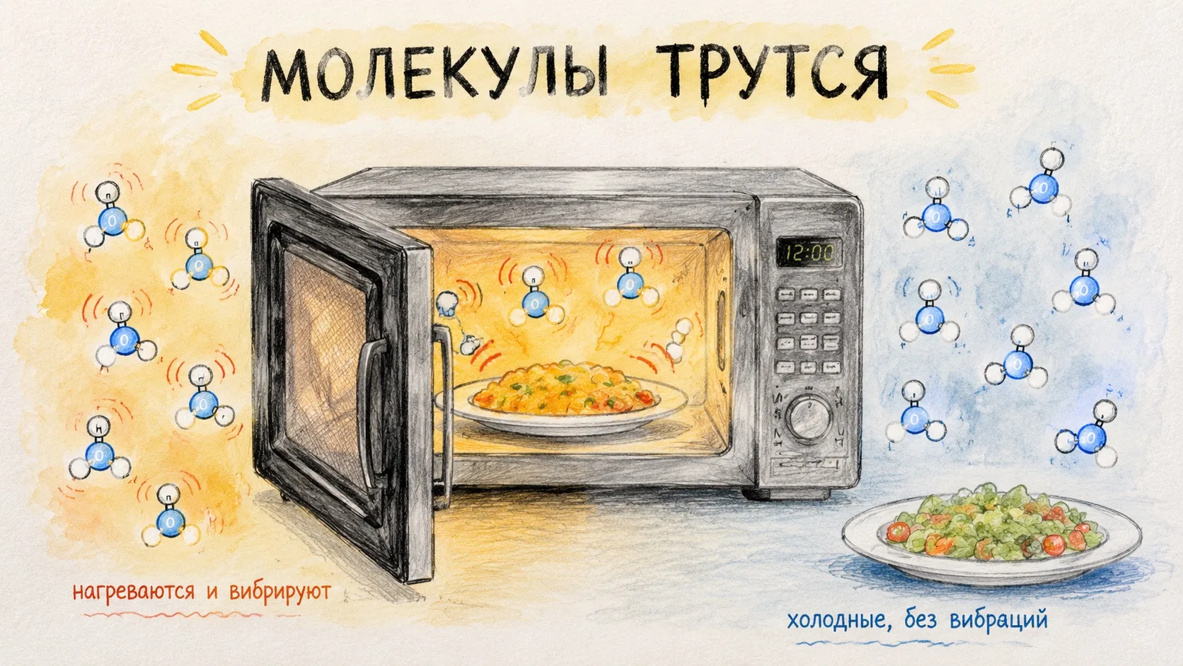 Микроволновка не греет еду снаружи внутрь. Она заставляет молекулы воды вибрировать. Во...