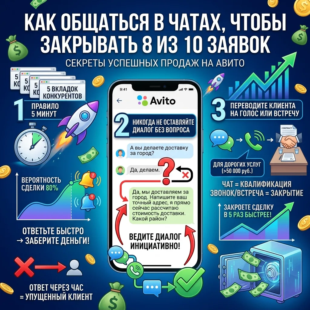 Как общаться в чатах, чтобы закрывать 8 из 10 заявок
 

Авито — это площадка быстрых решений. Когда 