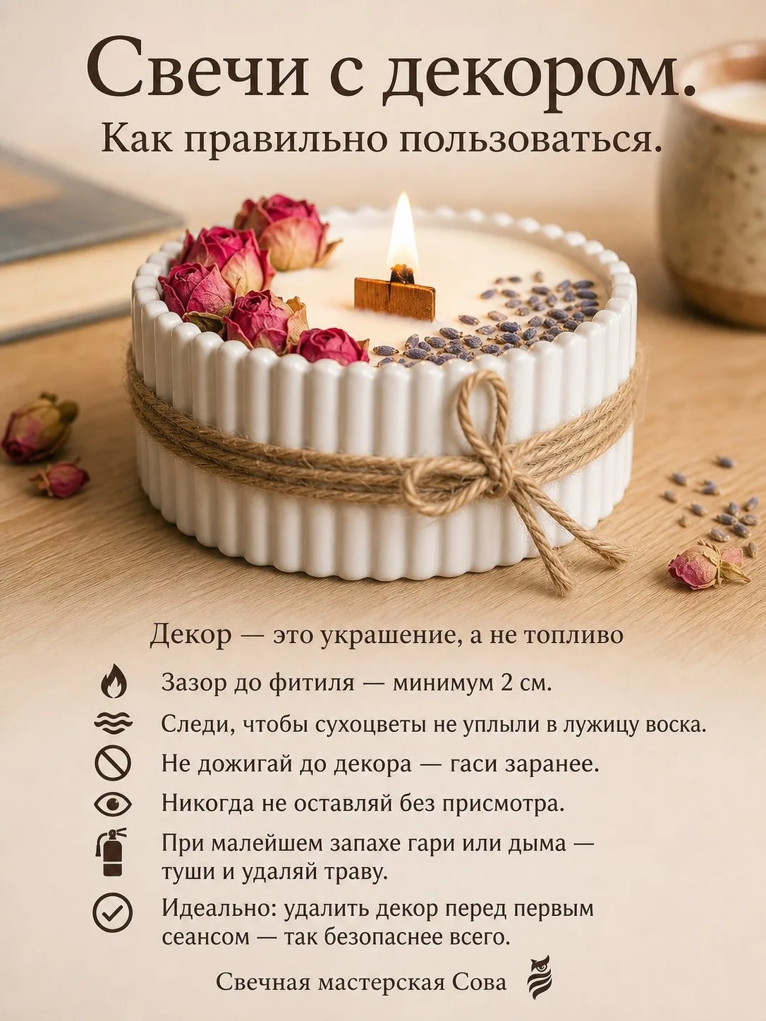 🌿 КРАСОТА ТРЕБУЕТ ОСТОРОЖНОСТИ. ПАМЯТКА ДЛЯ СВЕЧЕЙ С ДЕКОРОМ