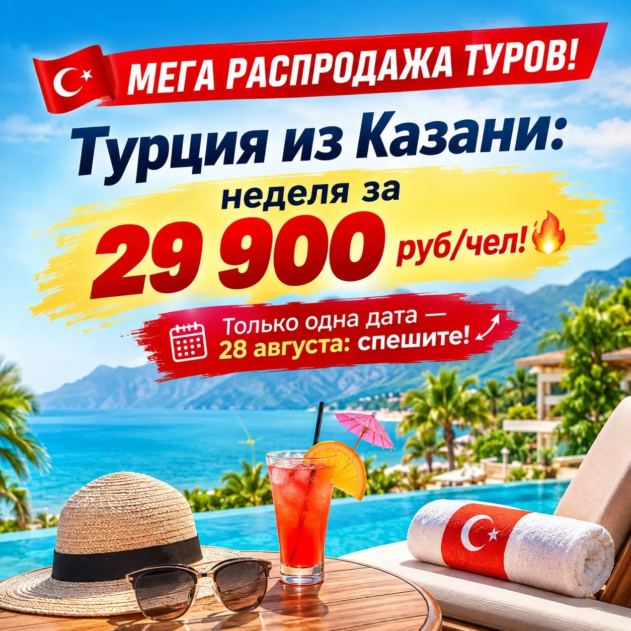 🇹🇷 МЕГА РАСПРОДАЖА ТУРОВ! Турция из Казани: неделя за 29 900 руб/чел!🔥