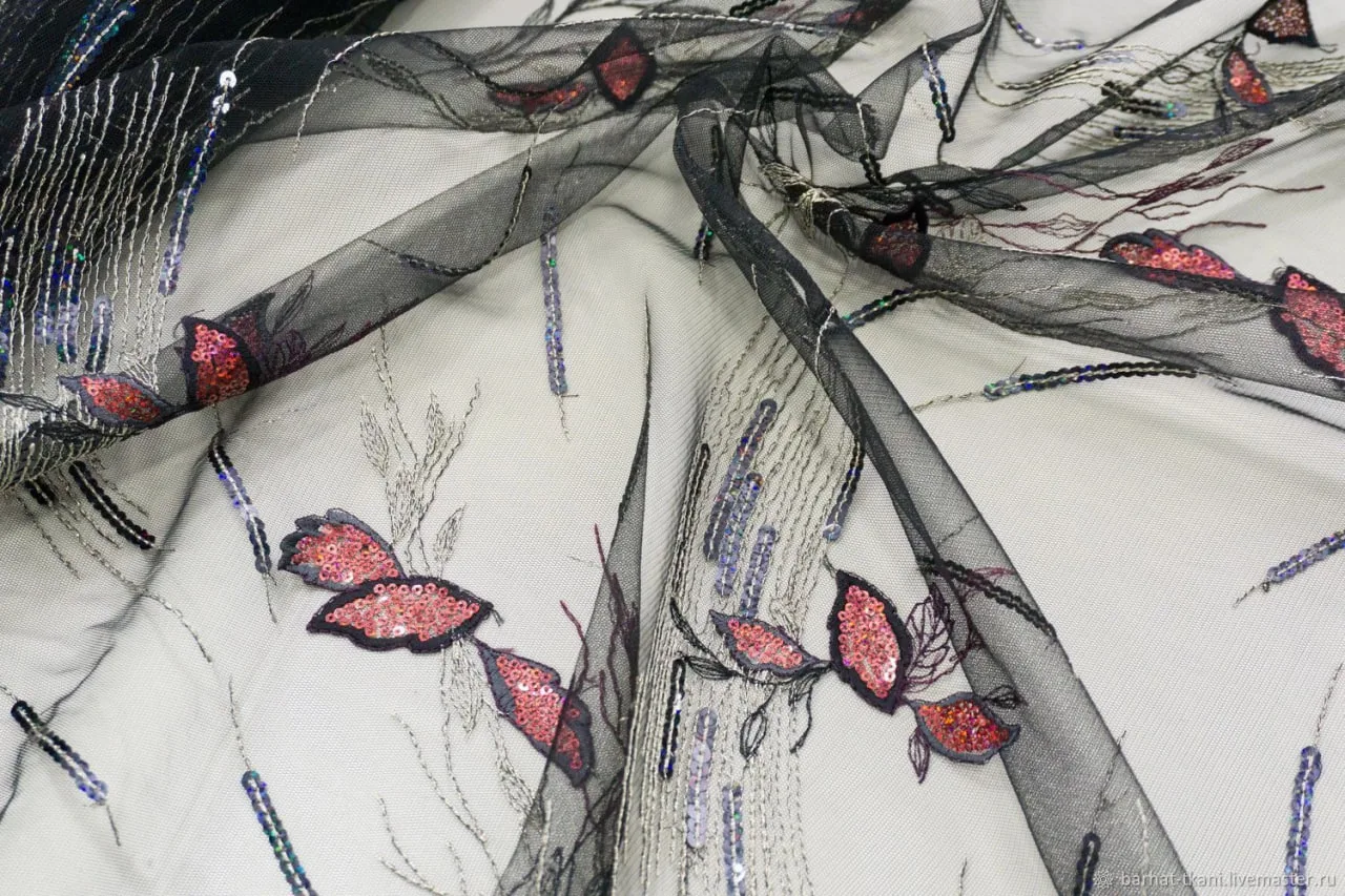 🌸Вышивка на сетке черная с пайетками (https://barhat-tkani.ru/shop/tkani/eschyo-tkan18...