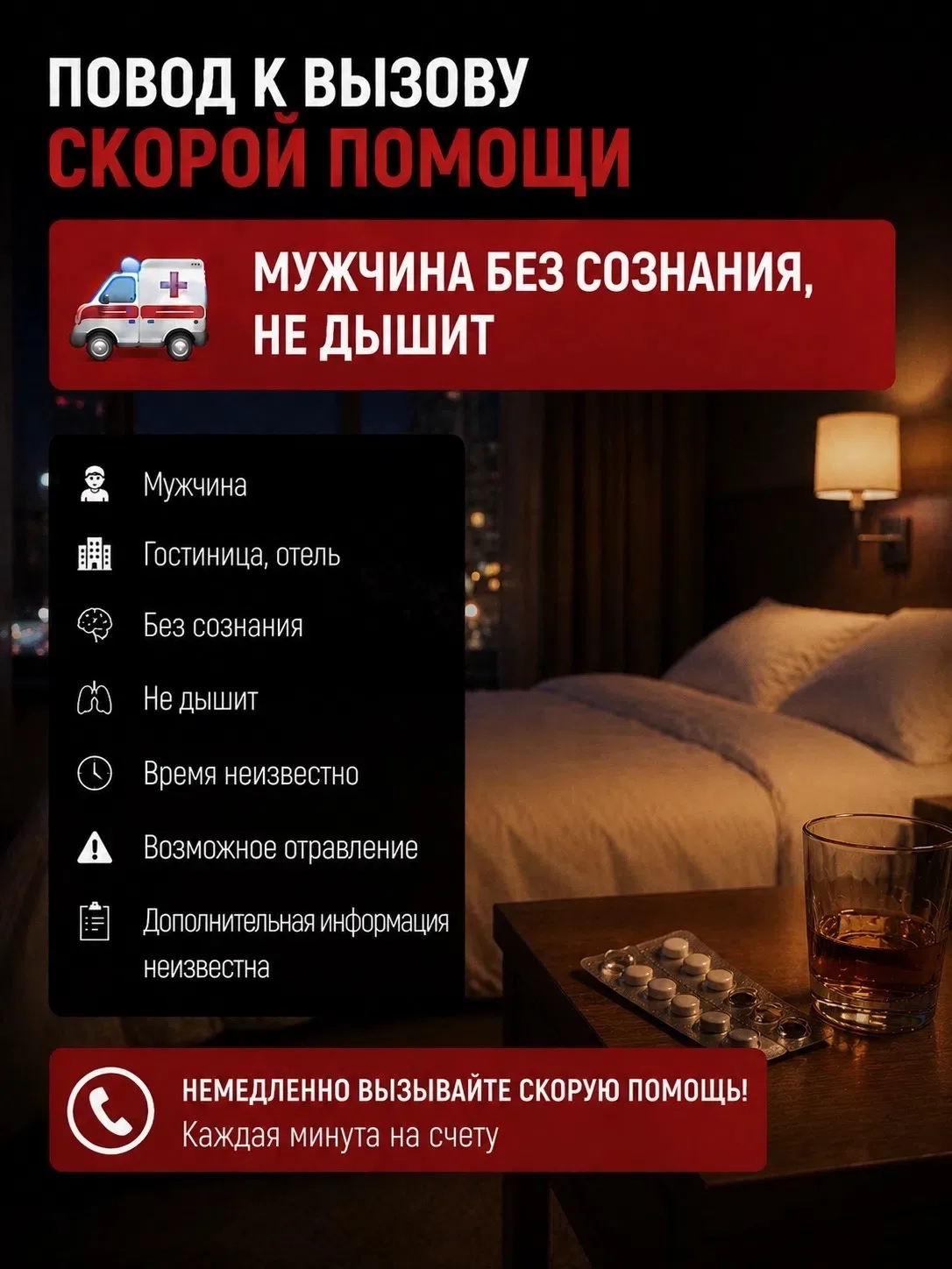 Повод к вызову скорой помощи: «Мужчина без сознания, не дышит»

Вызов посреди ночи в одну из городск