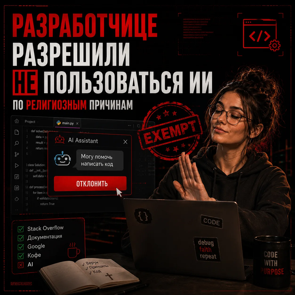 Разработчице в США разрешили не пользоваться ИИ — из-за религии. 💻

В компании, где работает Эрин М