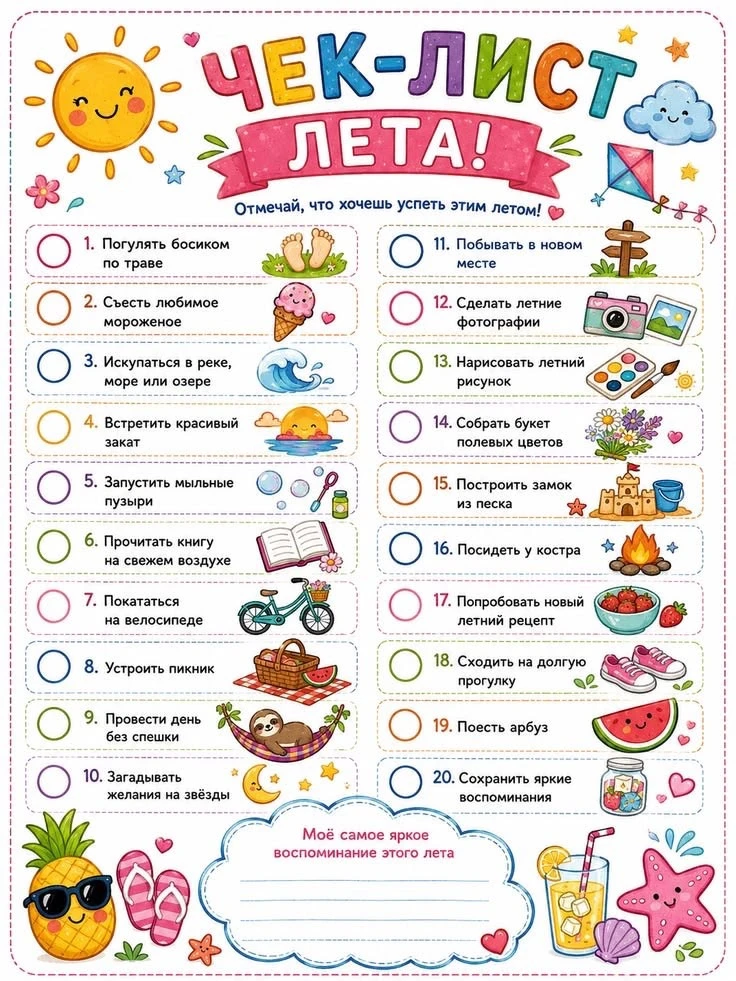 Лето в разгаре — самое время собирать яркие моменты! ☀️

Перед вами летний чек‑лист — 20 поводов сде