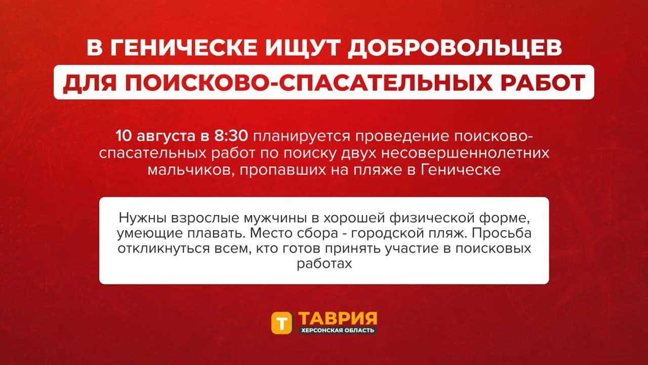 📢СРОЧНЫЙ СБОР ДОБРОВОЛЬЦЕВ: в Геническе ищут двоих мальчиков, пропавших на пляже