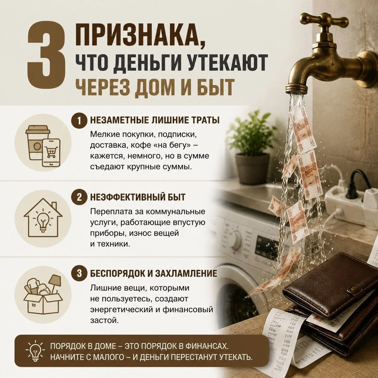 3 ПРИЗНАКА, ЧТО ДЕНЬГИ УТЕКАЮТ ЧЕРЕЗ ДОМ И БЫТ

Приветствую вас, дорогие. 💧

За годы практики я зам