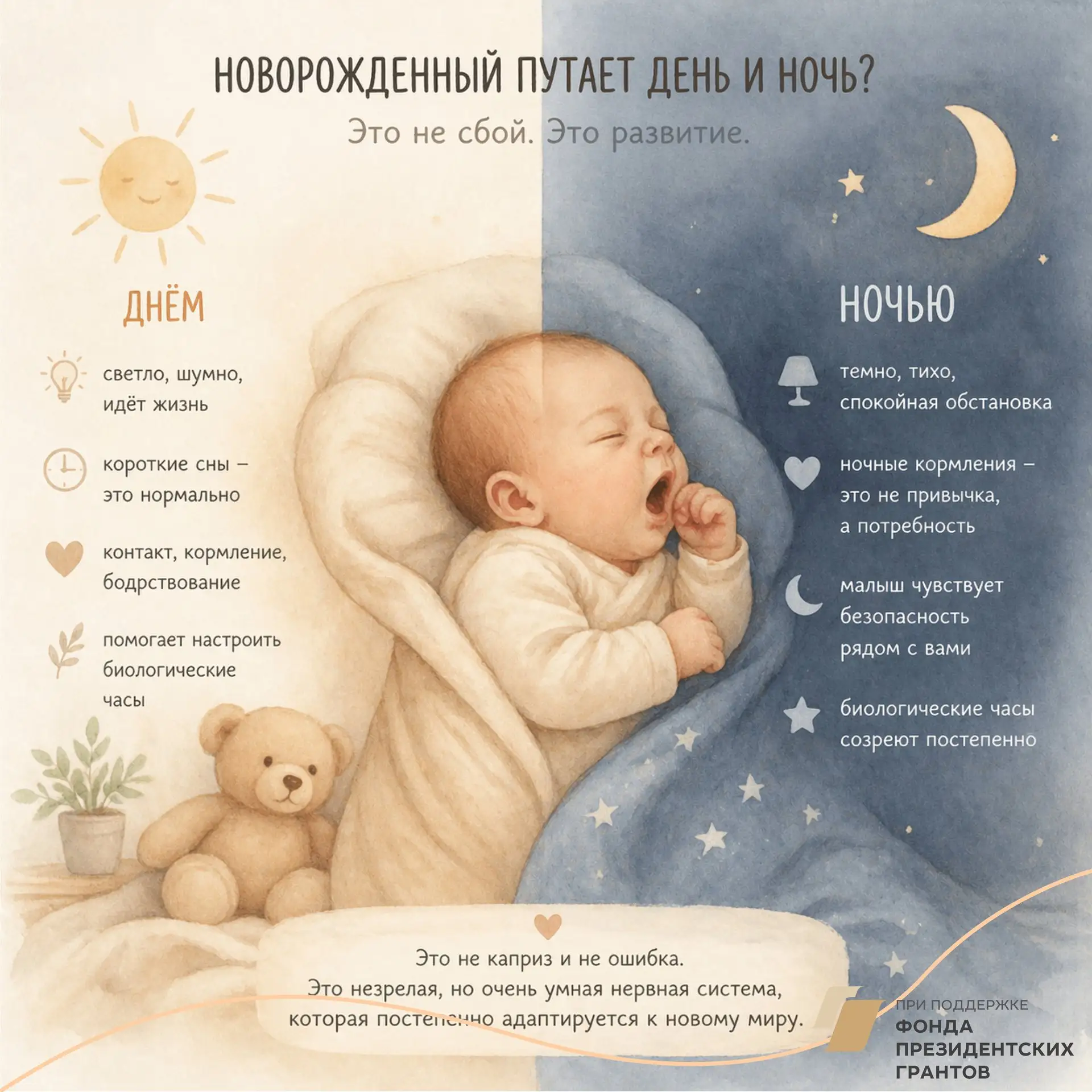 Почему новорождённый “путает день и ночь” — и почему это не сбой