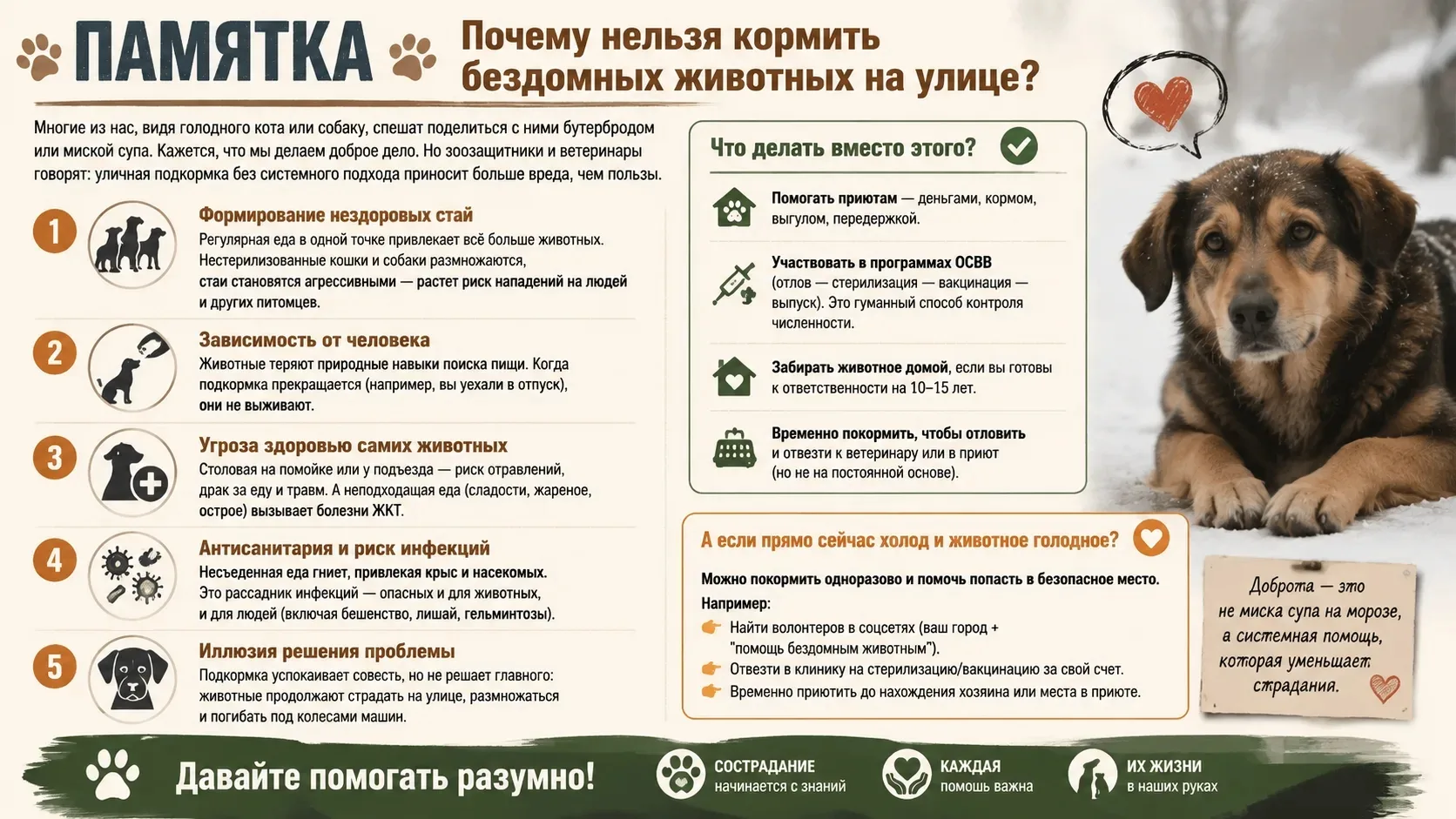 Почему нельзя кормить бездомных животных на улице?
Подробнее в памятке👆