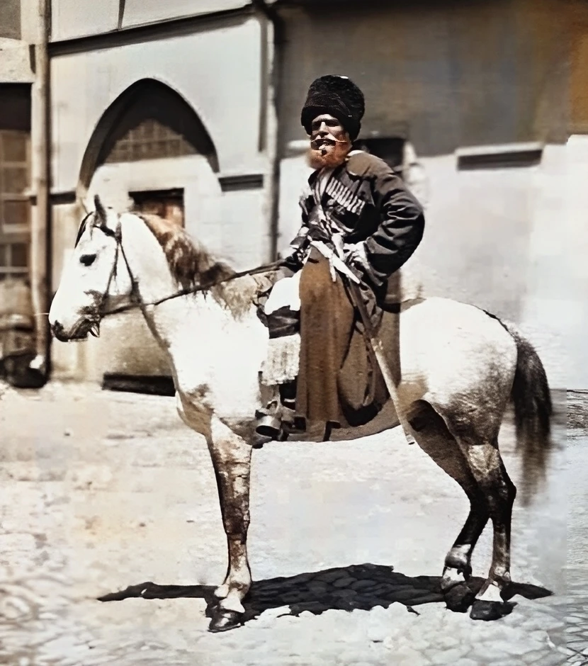 На фотографии изображён Кавказский казак. Год съемки 1860.