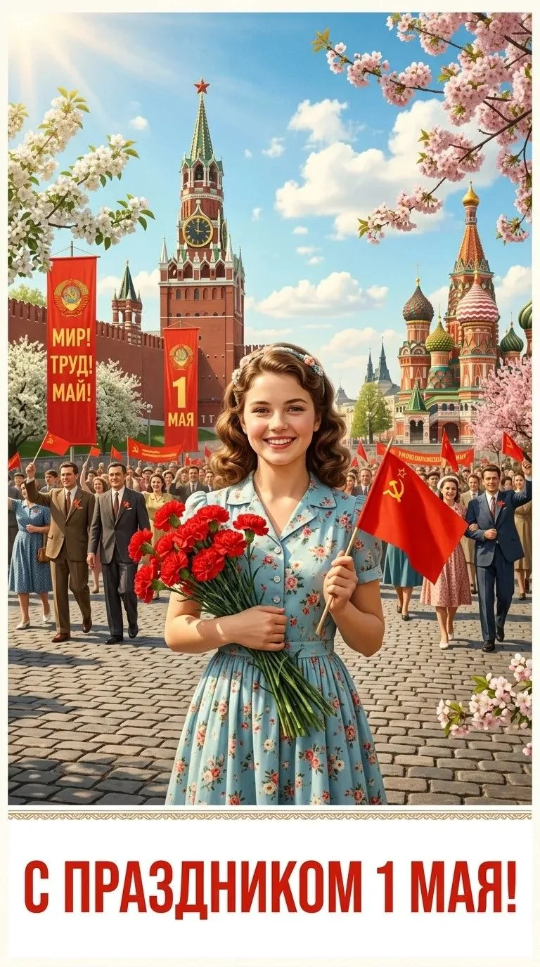 Фотореалистичное изображение в стилистике советских открыток 1950-х годов, но с современным качество