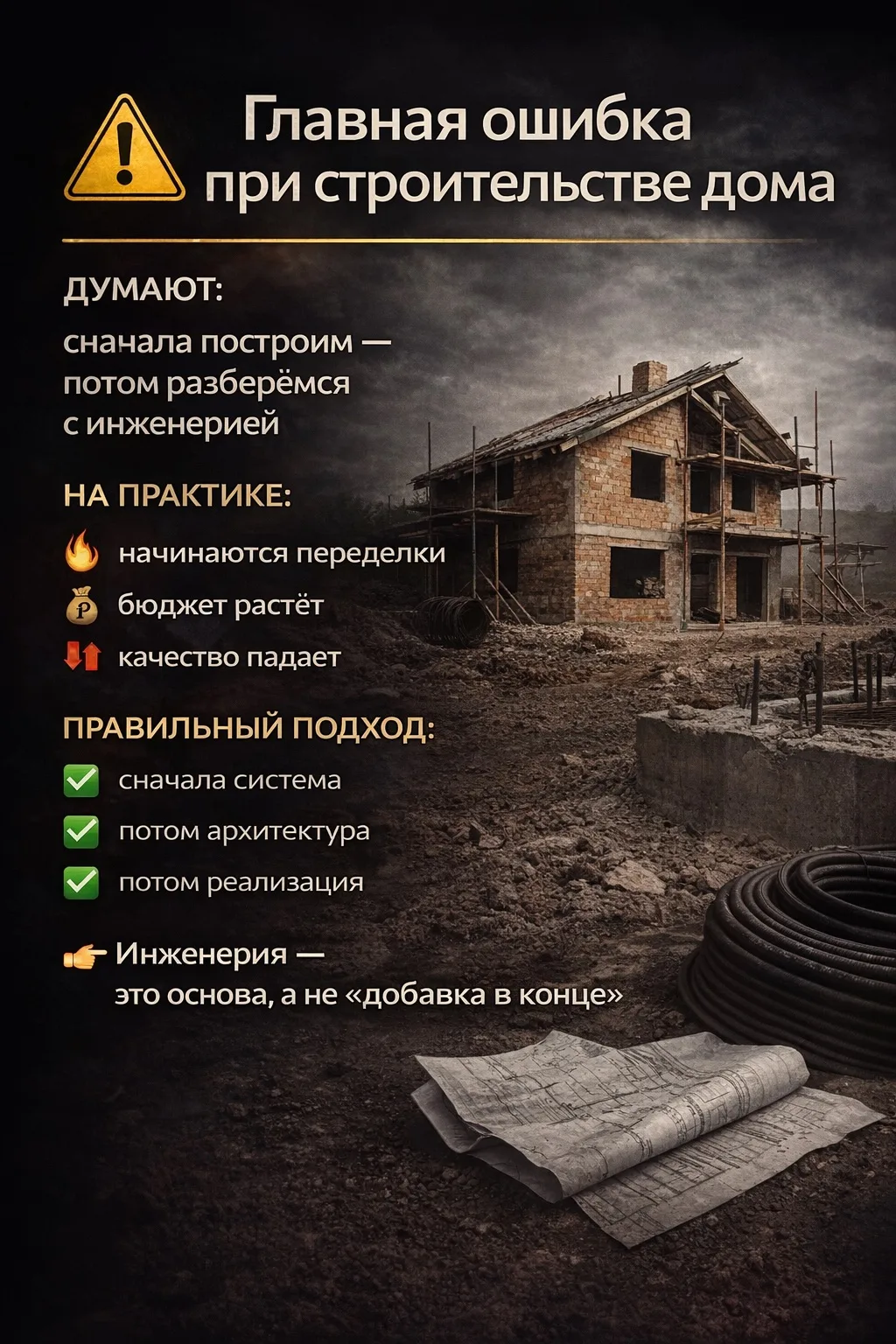 ⚠️ Главная ошибка при строительстве дома  

Думают:  
сначала построим — потом разберёмся с инженери