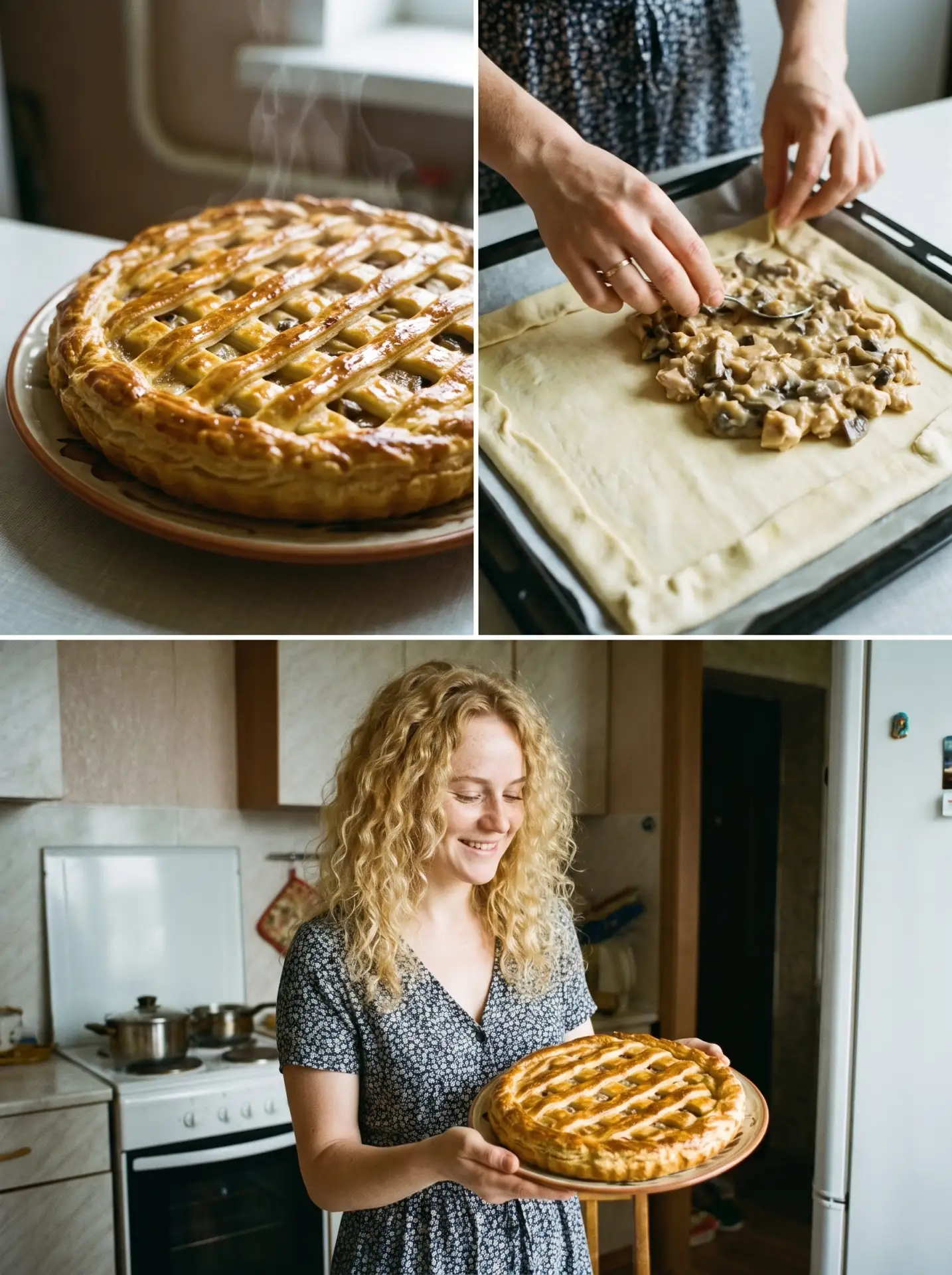 ПИРОГ С КУРИЦЕЙ И ГРИБАМИ, А СЛОЁНЫЙ НА СКОРУЮ РУКУ: ТЕСТО ДЕРЖИТЕ В ХОЛОДИЛЬНИКЕ